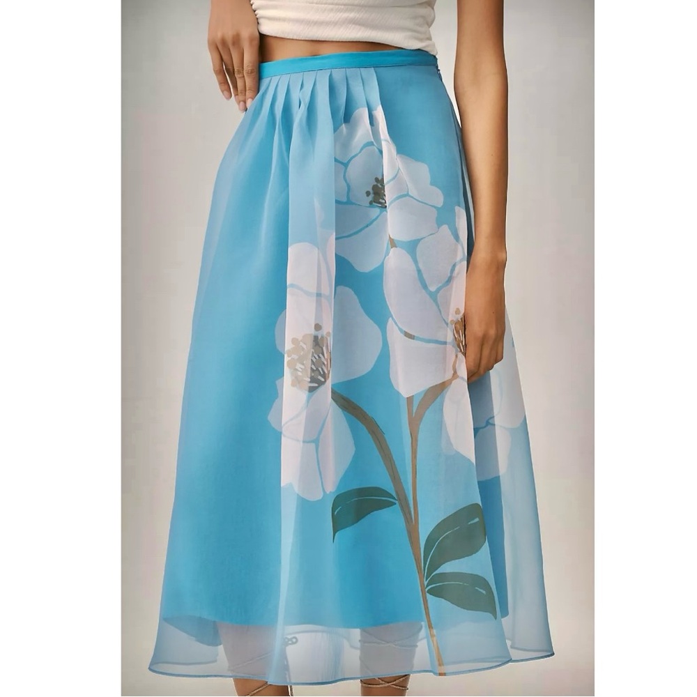 FARM Rio x Anthropologie Blue Peony Floral Organza Midi Skirt Size Large NWT